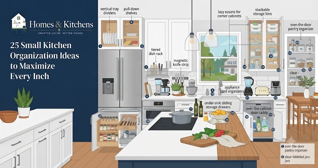 An infographic illustration of an organized kitchen, labeled with 25 specific small-space storage solutions and a sidebar reading: "Homes & Kitchens - 25 Small Kitchen Organization Ideas to Maximize Every Inch."
