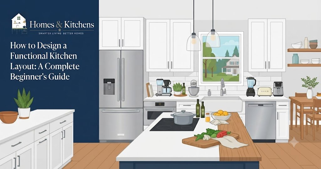 A stylized illustration of a modern kitchen with white cabinets, stainless steel appliances, and an island, featuring the "Homes & Kitchens" logo and article title on a dark navy sidebar.