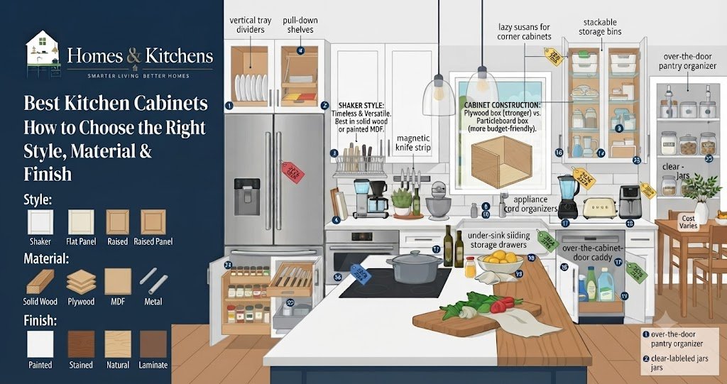 An illustrated infographic titled 'Best Kitchen Cabinets: How to Choose the Right Style, Material & Finish' featuring a detailed kitchen view with labeled storage features and a sidebar comparing different cabinet styles, materials, and finishes.