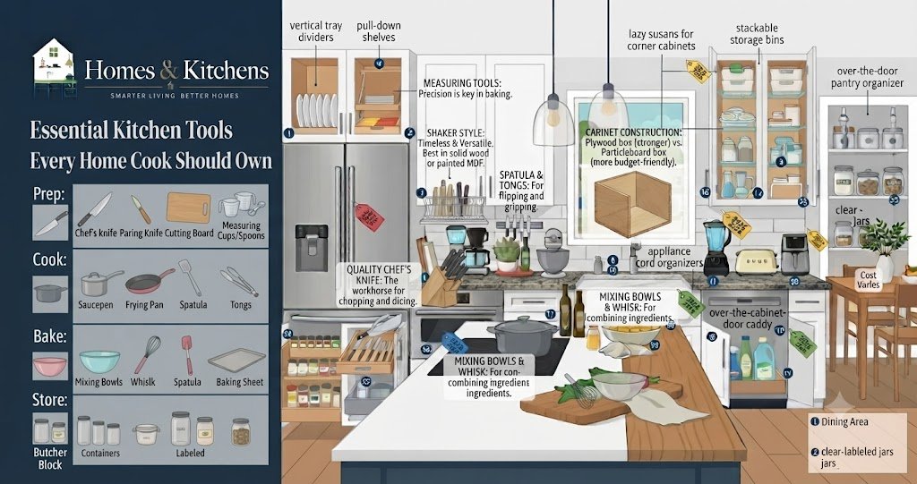 An illustrated infographic titled 'Essential Kitchen Tools Every Home Cook Should Own' featuring a detailed kitchen view with labeled storage features and a sidebar checklist of tools categorized by Prep, Cook, Bake, and Store.