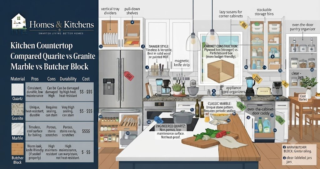 An infographic illustration titled 'Kitchen Countertop Compared' featuring a detailed kitchen view with labeled storage features and a sidebar comparing Quartz, Granite, Marble, and Butcher Block materials with pros, cons, durability, and cost.