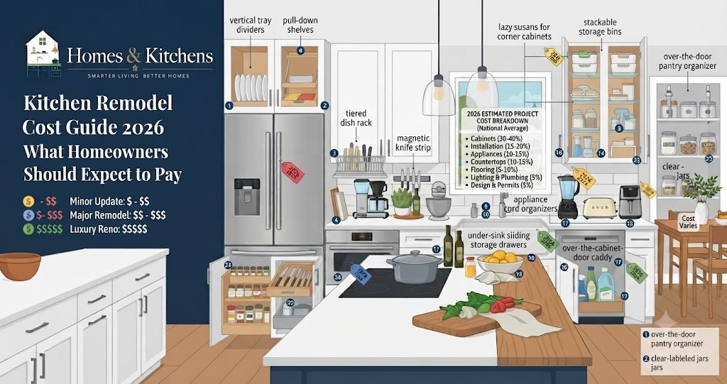 An illustrated infographic titled 'Kitchen Remodel Cost Guide 2026' showing an organized kitchen with specific storage components and cost breakdown estimates.