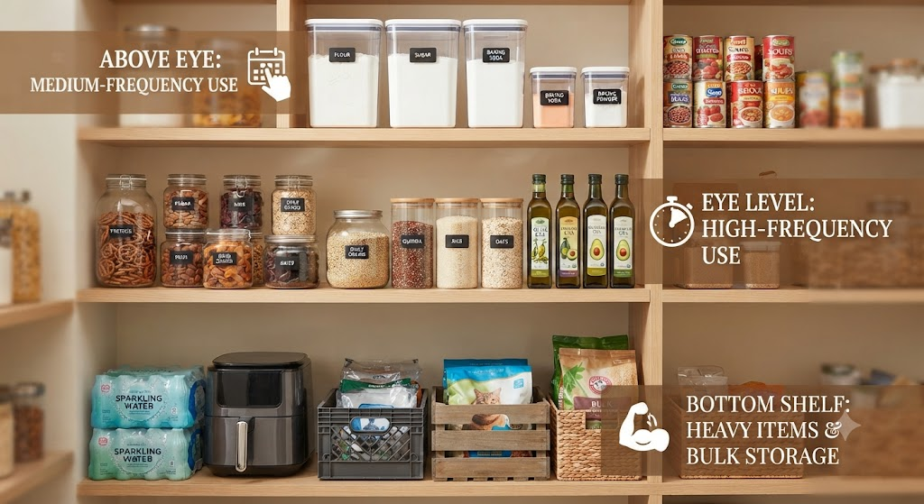 [ Eye Level ]    ---> High-Frequency Use (Snacks, Daily Grains, Oils)
[ Above Eye ]    ---> Medium-Frequency Use (Baking Supplies, Extra Canned Goods)
[ Bottom Shelf ] ---> Heavy Items & Bulk Storage (Appliance Inserts, Drink Cases)